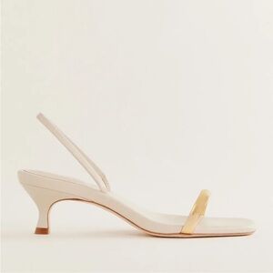 Reformation NWT 8 Samantha Heeled Sandal Almond Leather Gold Accent.